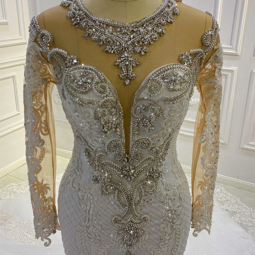 Long Sleeves Mermaid Wedding Dress Lace Bridal Gowns With Crystal (ZD17513)