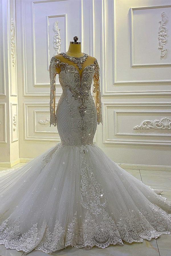 Long Sleeves Mermaid Wedding Dress Lace Bridal Gowns With Crystal (ZD17513)