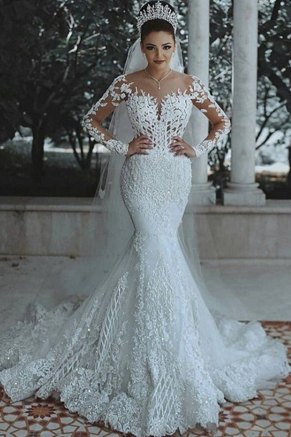 Long Sleeves Mermaid Wedding Dress With Lace Appliques (ZD17504) - VelvetHem