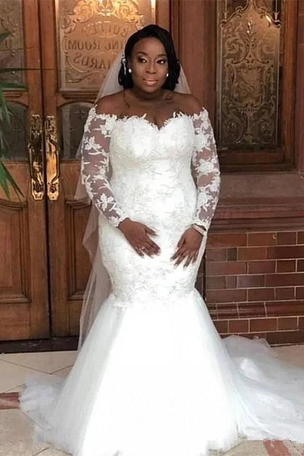 Long Sleeves Off-the-Shoulder Mermaid Lace Wedding Dress (ZD13859) - VelvetHem