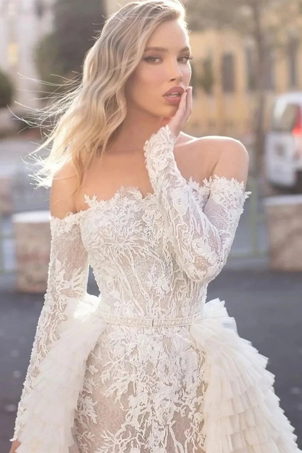 Long Sleeves Off the Shoulder Mermaid Wedding Dress With Train (ZD14321)