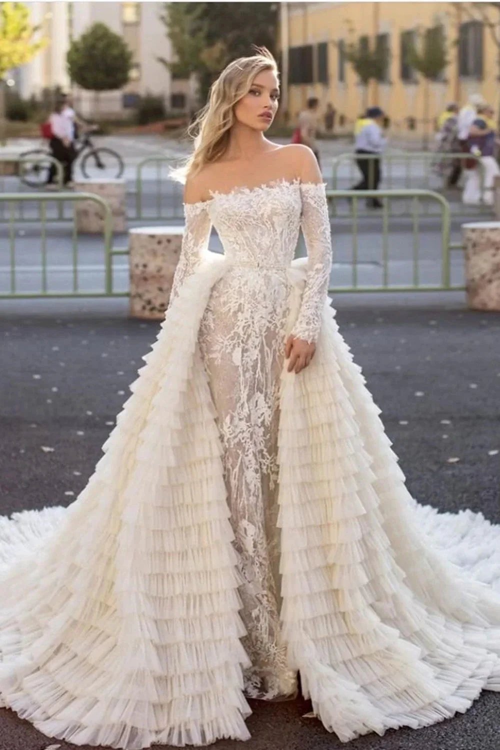 Long Sleeves Off the Shoulder Mermaid Wedding Dress With Train (ZD14321) - VelvetHem