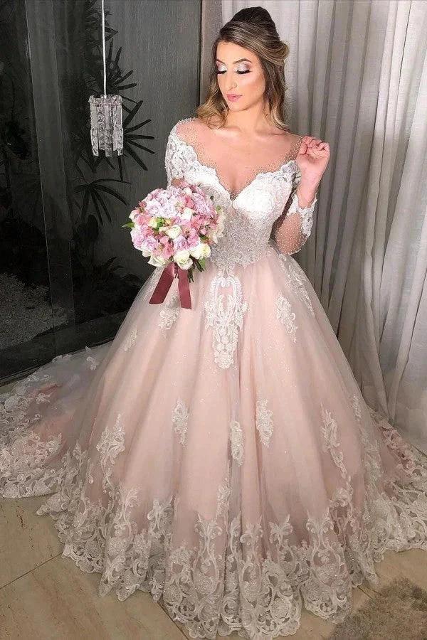 Long Sleeves Princess Off-the-shoulder Tulle Floral Lace Appliques Wedding Dress (ZD15057)