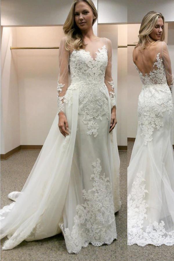 Long Sleeves Sheath Wedding Dress with Lace Detachable Train (ZD15450) - VelvetHem