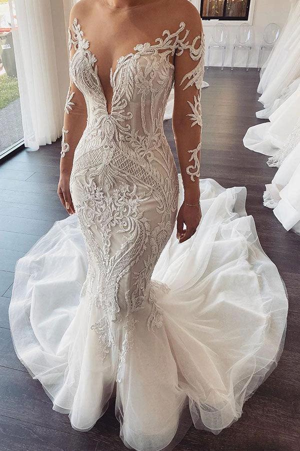 Long Sleeves V-Neck Lace Mermaid Wedding Dress On Sale (ZD13813) - VelvetHem