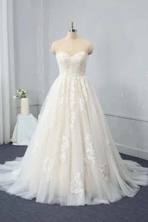 Long Sweetheart Backless Appliques Lace Tulle A-Line Wedding Dress (ZD15107) - VelvetHem