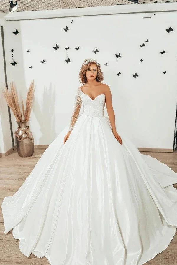 Long Sweetheart Satin Ruffles Ball Gown Wedding Dress with Sleeves (ZD15077) - VelvetHem