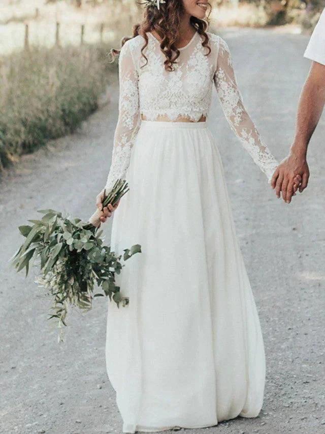 Long Two Piece A-Line Jewel Neck Lace Chiffon Wedding Dresses with Sleeves (ZD15962) - VelvetHem