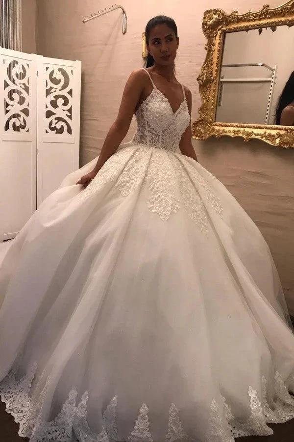 Long V-neck Spaghetti Straps Appliques Lace Tulle Ball Gown Wedding Dress (ZD15075) - VelvetHem