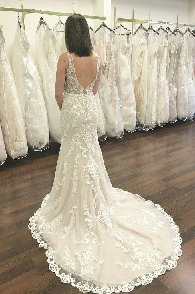 Long V-neck Wide Straps Lace Open Back Mermaid Wedding Dress (ZD14335)