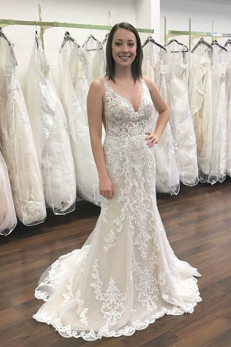 Long V-neck Wide Straps Lace Open Back Mermaid Wedding Dress (ZD14335) - VelvetHem