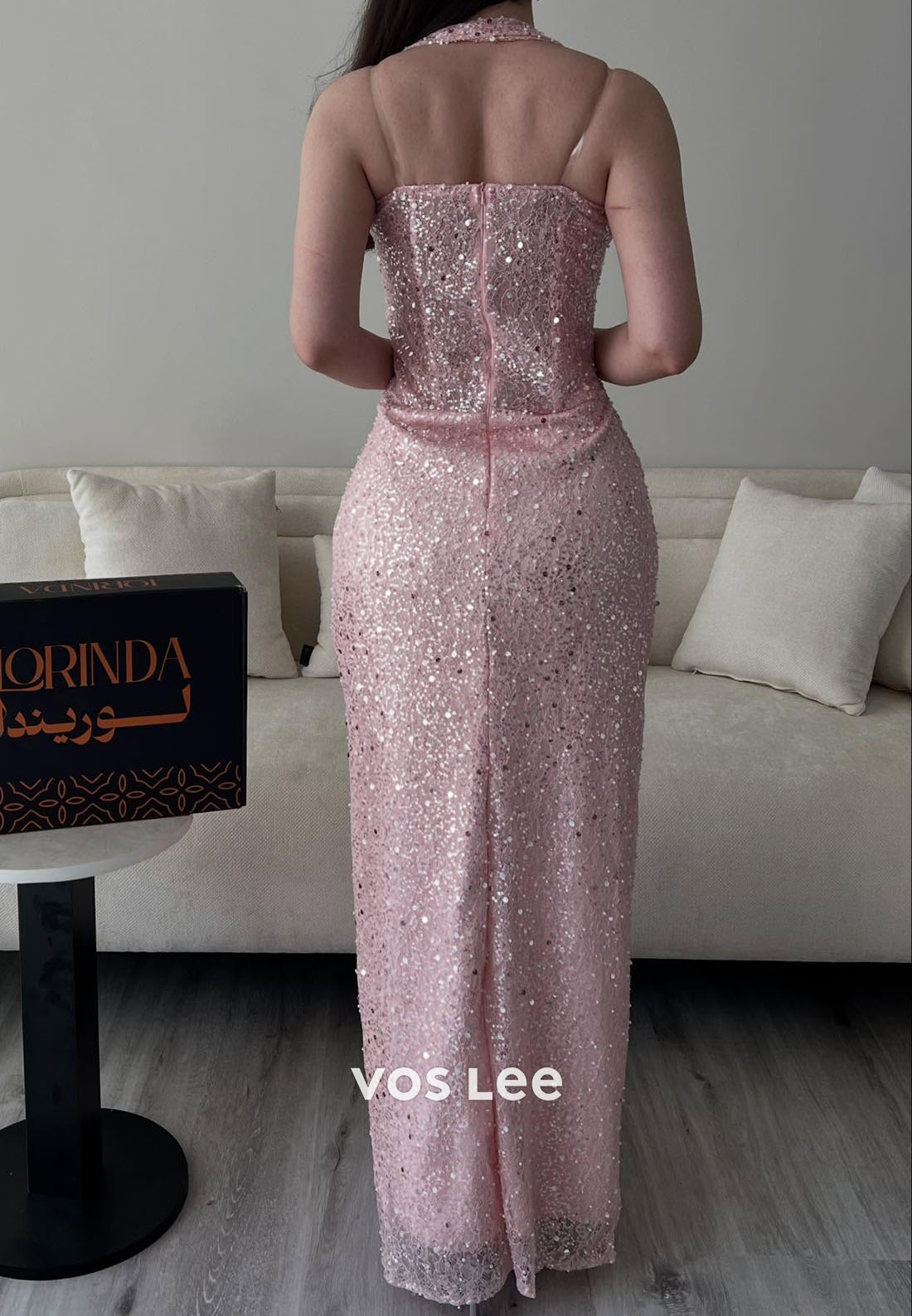 Pink Halter Sequins Long Prom Dress Corset Split Party Dress