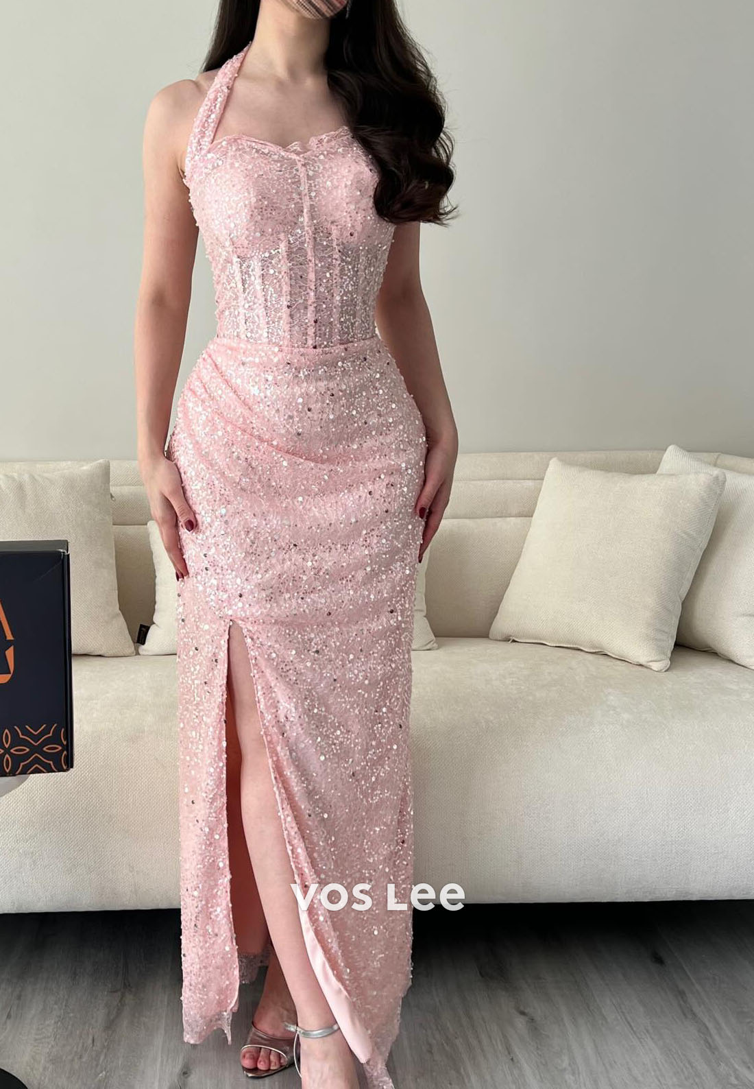 Pink Halter Sequins Long Prom Dress Corset Split Party Dress
