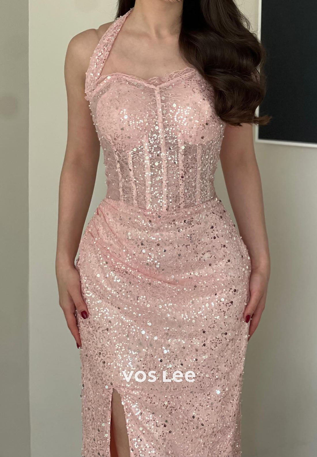 Pink Halter Sequins Long Prom Dress Corset Split Party Dress