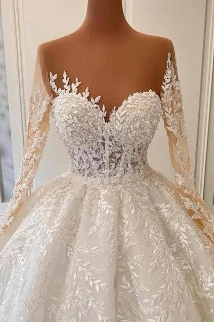 Luxurious A-line Long Sleeve Lace Ball Gown Princess Wedding Dresses (ZD14591)