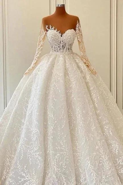 Luxurious A-line Long Sleeve Lace Ball Gown Princess Wedding Dresses (ZD14591) - VelvetHem