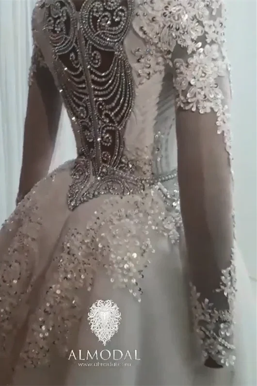 Luxurious A-line Long Sleeves Beading Wedding Dress With Train (ZD14642)