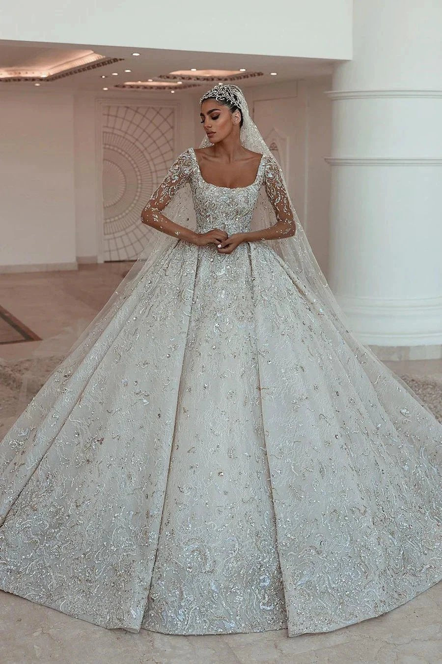 Luxurious A-line Long Sleeves Lace Wedding Dress With Train (ZD14646)
