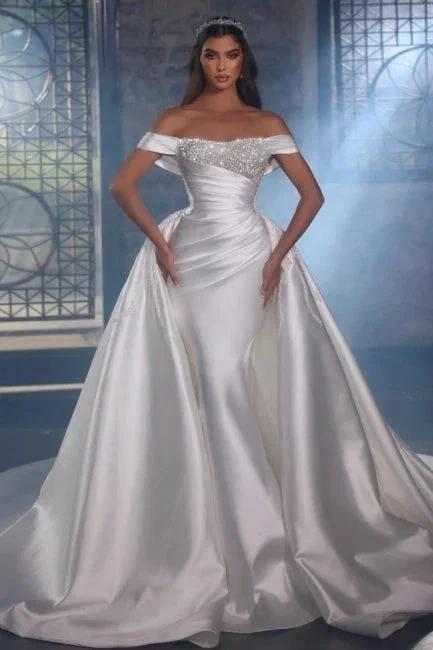 Luxurious A-line Satin Off-the-shoulder Beading Sleeveless Wedding Dresses With Glitter (ZD14974) - VelvetHem