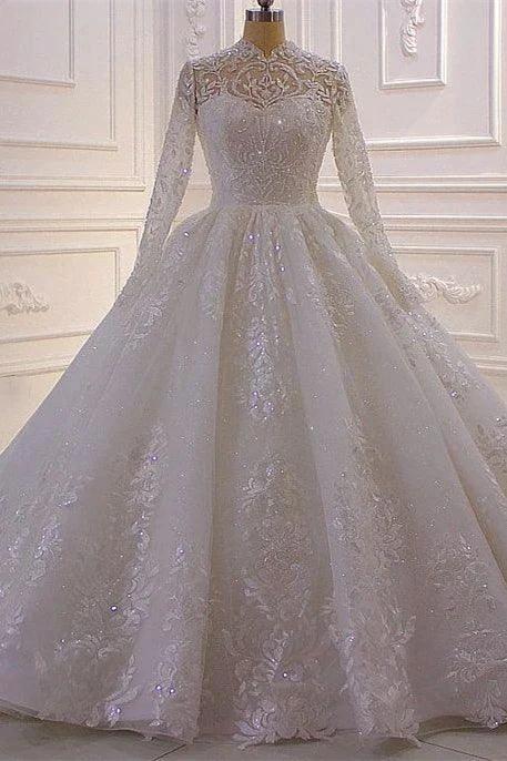 Luxurious High Neck A-line Lace Sequined Wedding Dress With Long Sleeves (ZD14537)