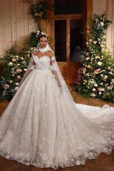 Luxurious Long Ivory A-line Princess Sleeveless Glitter Wedding Dress with Lace (ZD16621) - VelvetHem