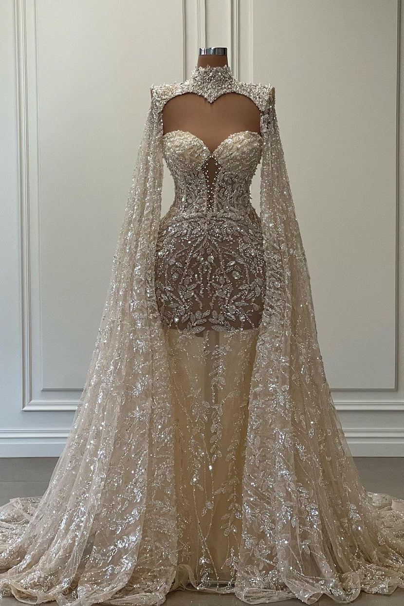 Opulent Long Mermaid High Neck Glitter Lace Prom Dress With Sleeves (ZD17480) - VelvetHem