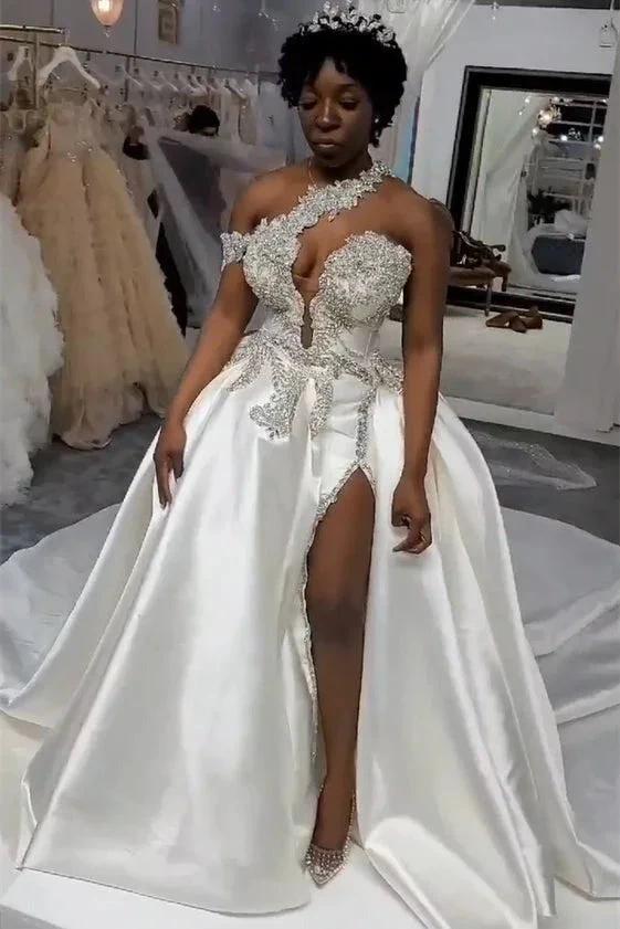 Luxurious Long Mermaid One Shoulder Satin Beading Wedding Dress With Detachable Train (ZD16719) - VelvetHem