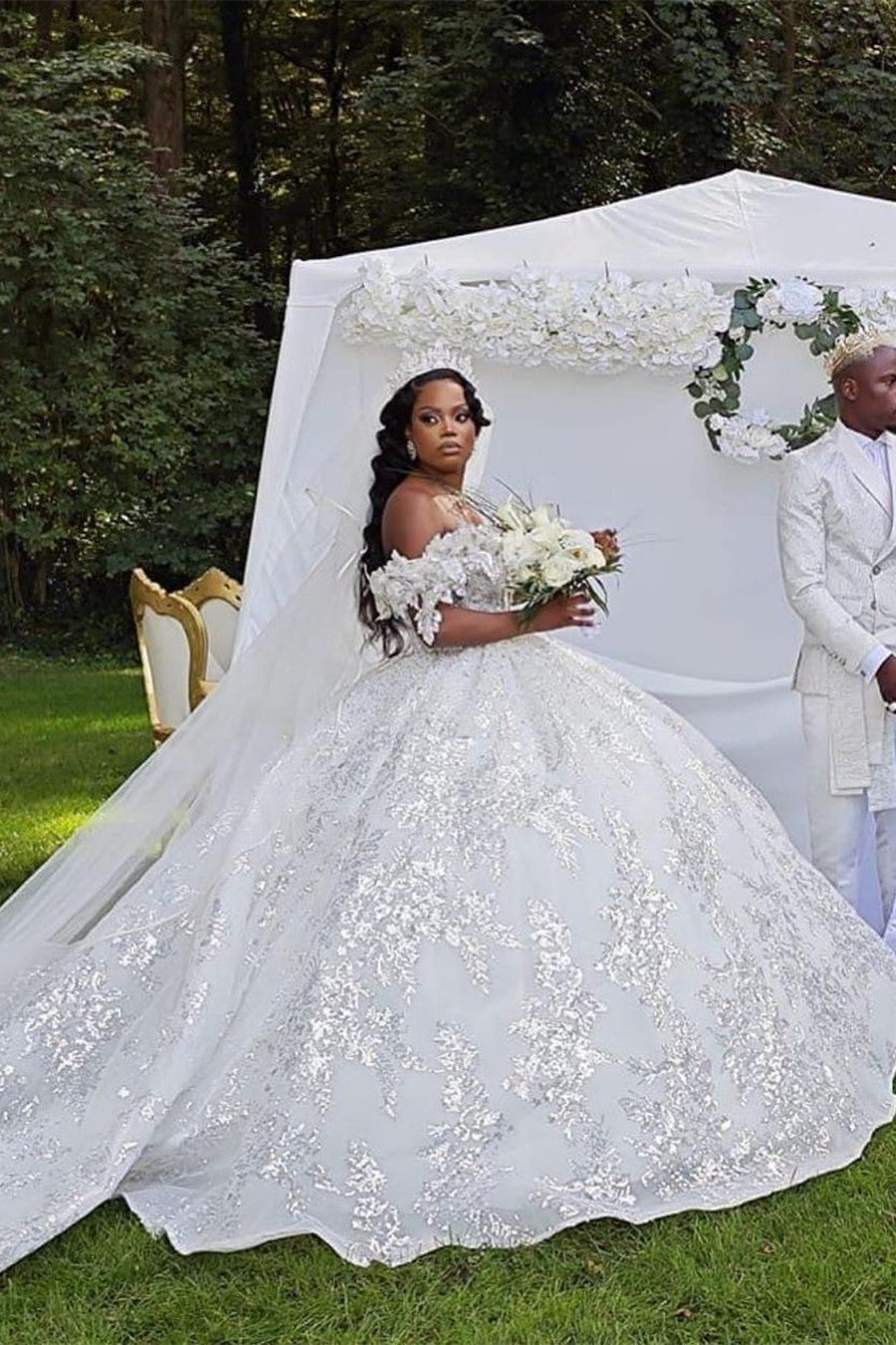 Opulent Long White A-line Off-the-shoulder Lace Sequined Wedding Gown (ZD17470) - VelvetHem