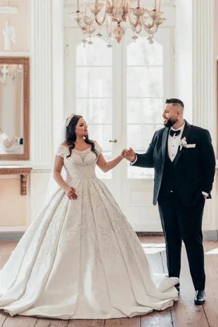 Luxurious Long White Off-the-shoulder A-line Satin Wedding Dress with Lace (ZD15551)