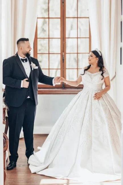 Luxurious Long White Off-the-shoulder A-line Satin Wedding Dress with Lace (ZD15551)