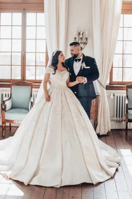 Luxurious Long White Off-the-shoulder A-line Satin Wedding Dress with Lace (ZD15551) - VelvetHem