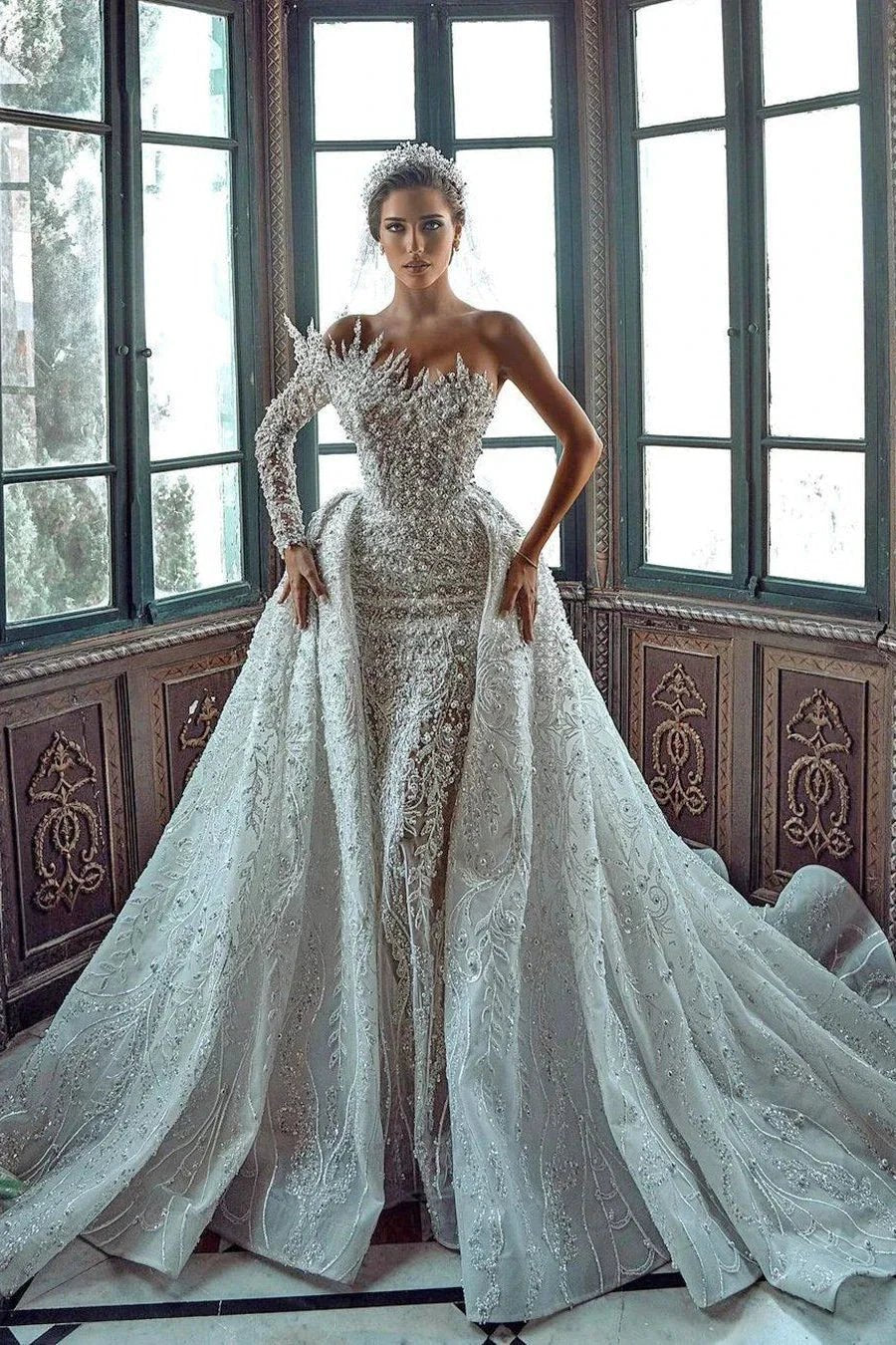 Luxurious Long White One Shoulder A-line Beading Pearls Long Sleeve Weeding Dress With Train (ZD16454) - VelvetHem