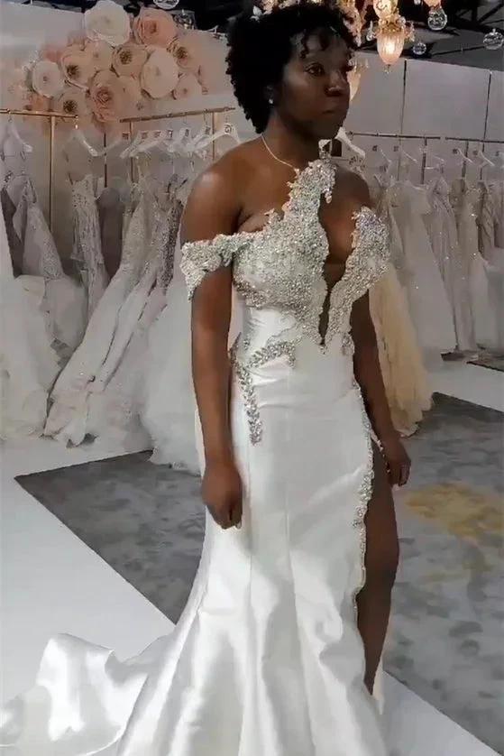 Luxurious Long White One Shoulder Sleeveless Jewel Wedding Dress With Detachable Train (ZD16419)