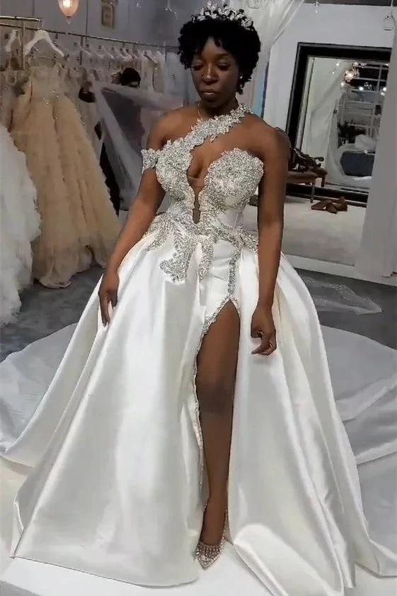 Luxurious Long White One Shoulder Sleeveless Jewel Wedding Dress With Detachable Train (ZD16419)