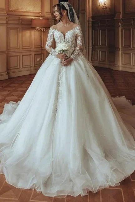 Luxurious Long White Scoop Neck A-line Tulle Lace Wedding Dress with Long Sleeves (ZD16625) - VelvetHem