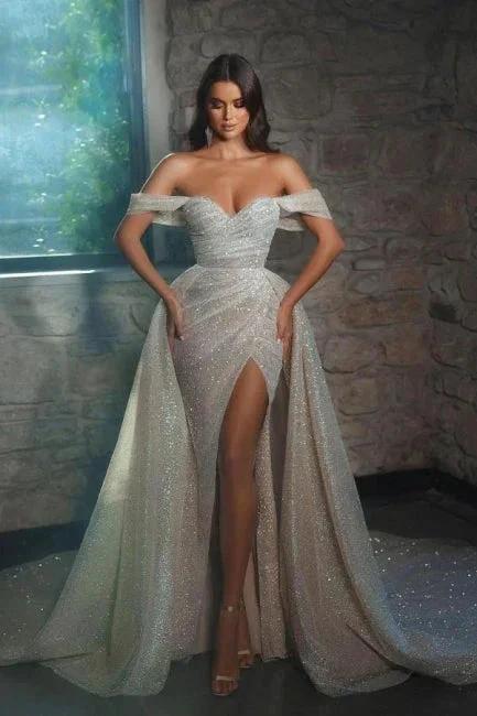 Luxurious off-the-shoulder Sleeveless A-Line Glitter Wedding Dresses With Split (ZD16446) - VelvetHem