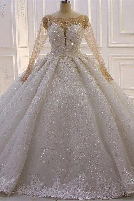 Luxurious Princess A-line Long Sleeves Flowers Lace Wedding Dress (ZD14541) - VelvetHem
