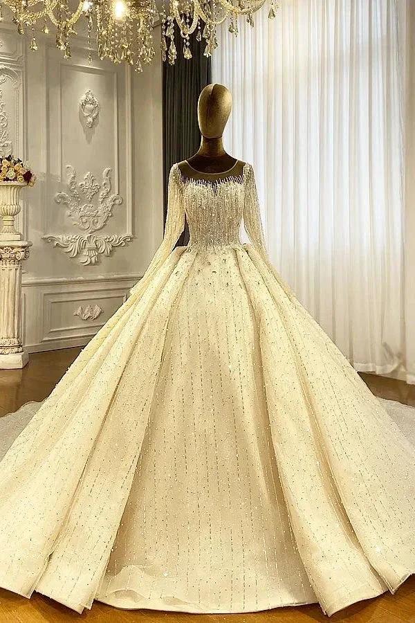 Luxurious Princess Ivory Long Sleeves A-line Wedding Dress With Beads (ZD14534) - VelvetHem