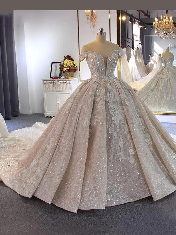 Luxury Ball Gown Off-the-Shoulder Beading Wedding Dresses With Train (ZD15888) - VelvetHem
