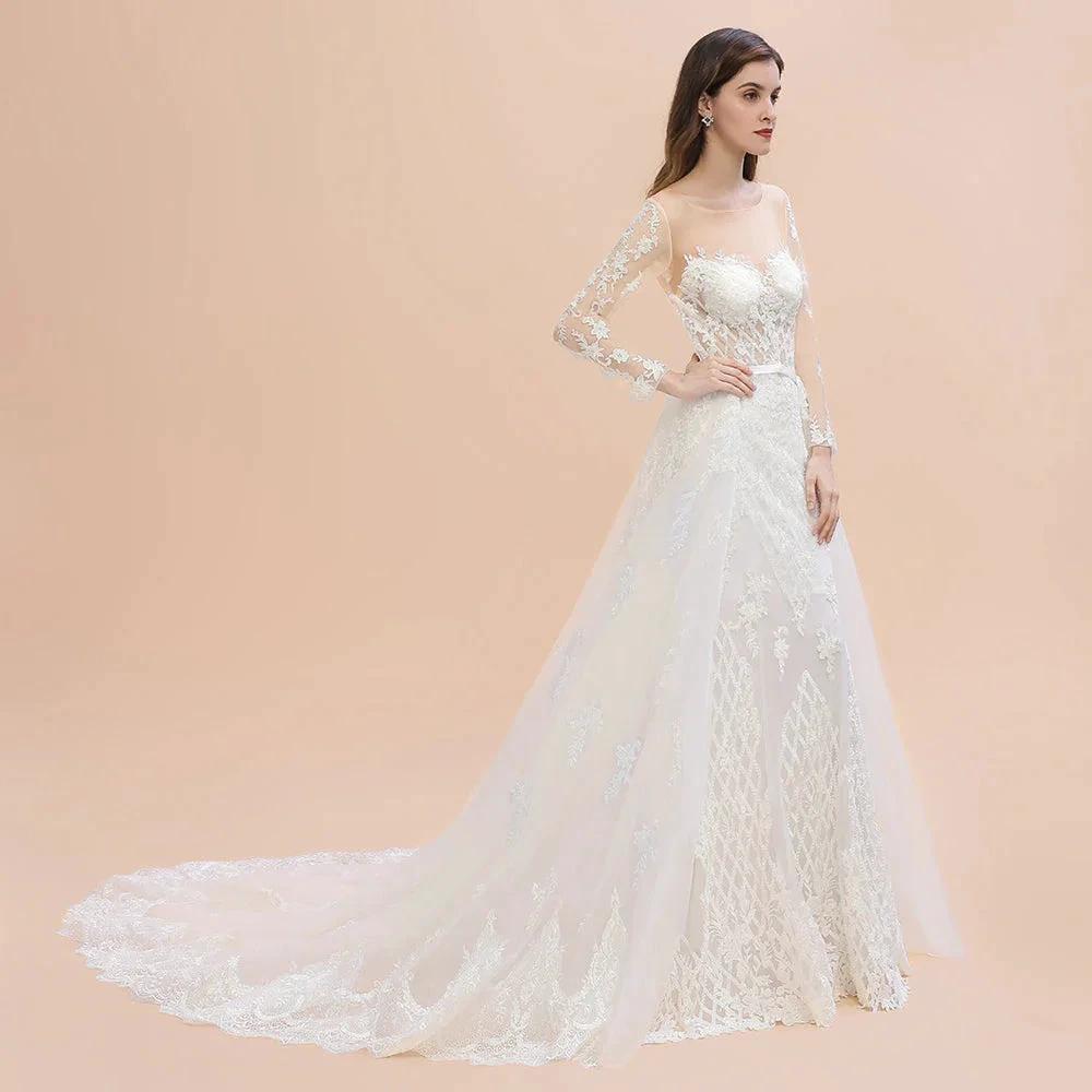 Luxury Beaded Lace Mermaid Wedding Dresses Tulle Appliques Bride Dresses with Detachable Train (ZD14768)