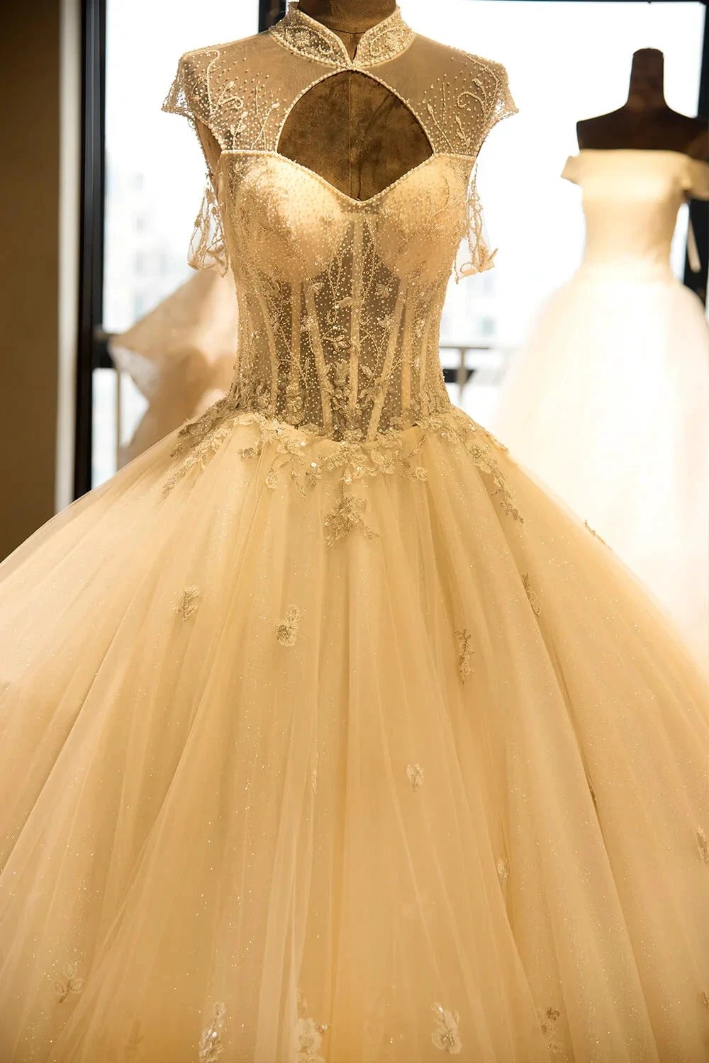 Luxury Illusion Neck Lace-up Tulle Ball Gown Wedding Dress Modest Ivory Sparkle Bridal Gowns (ZD13900)