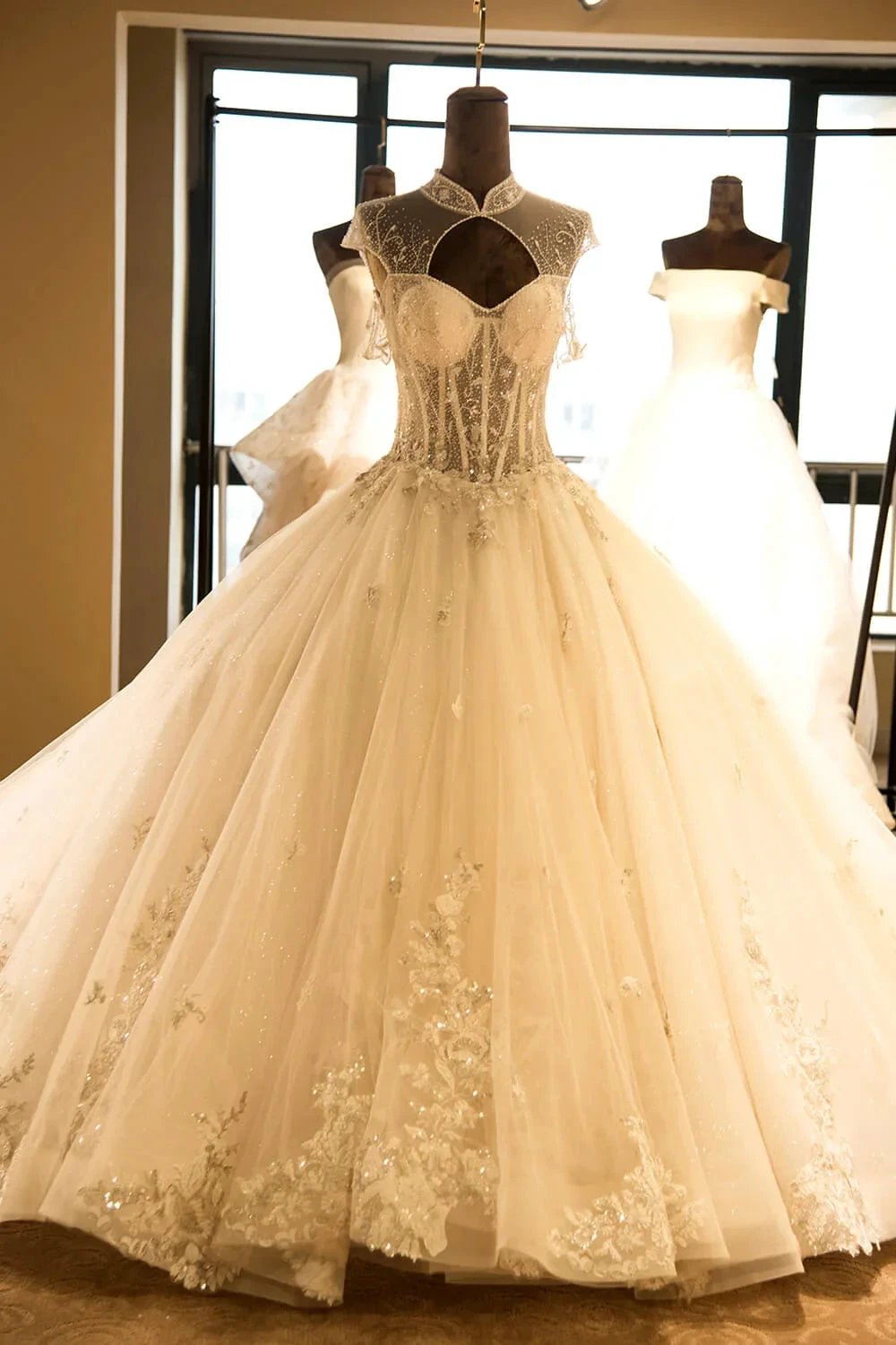 Luxury Illusion Neck Lace-up Tulle Ball Gown Wedding Dress Modest Ivory Sparkle Bridal Gowns (ZD13900) - VelvetHem