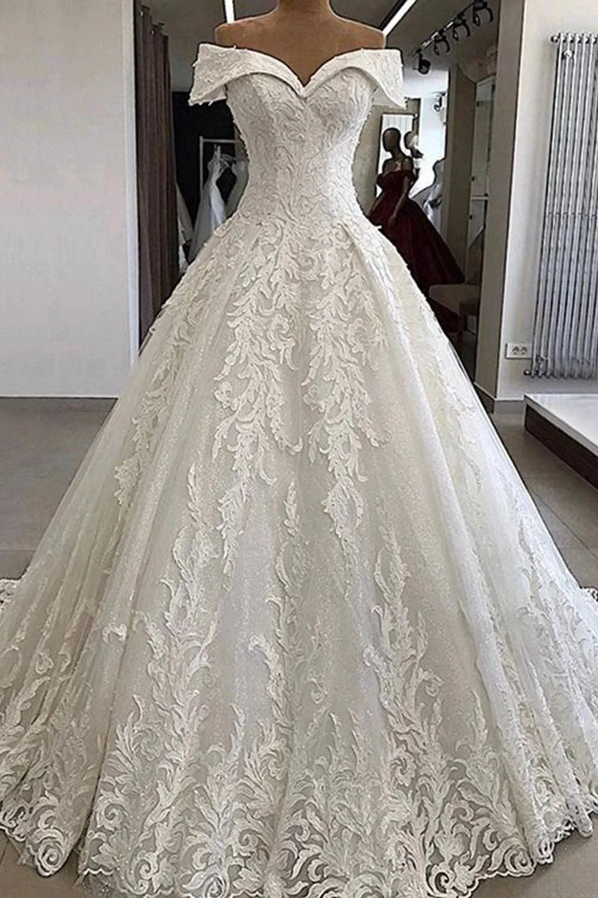 Luxury Long A-line Off the Shoulder Applique Lace Wedding Dress (ZD15820) - VelvetHem