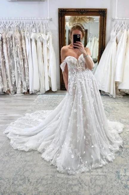 Luxury Long A-Line Off-the-shoulder Lace Wedding Dresses With Glitter (ZD14906)