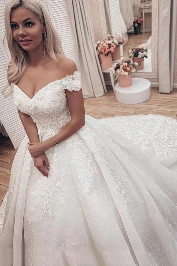 Luxury Long A-Line Off the Shoulder Lace Wedding Dresses (ZD15005)