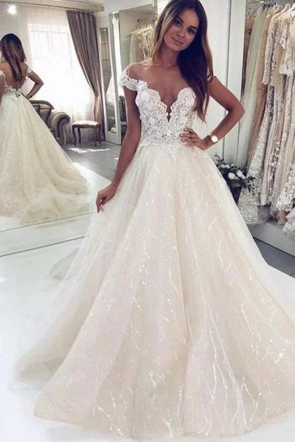 Luxury Long A-line Off-the-shoulder Tulle Open Back Glitter Wedding Dress (ZD15030)