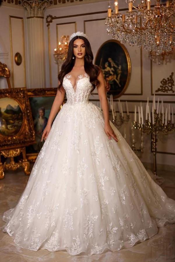 Luxury Long A-line Sweetheart Tulle Lace Open Back Wedding Dresses (ZD16755)
