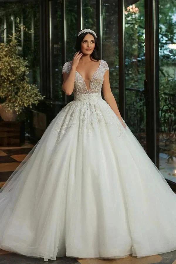 Luxury Long A-line V-neck Beads Tulle Glitter Wedding Dress with Cap Sleeves (ZD15036) - VelvetHem