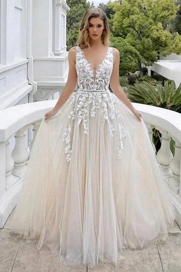 Luxury Long A-line V-neck Tulle Sleeveless Backless Wedding Dress with Lace (ZD15120) - VelvetHem