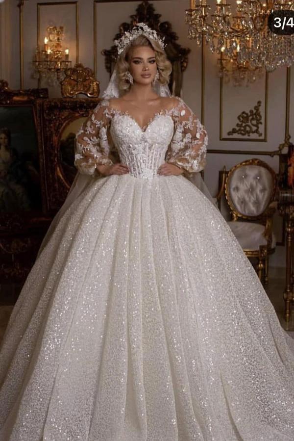 Luxury Long Ball Gown Glitter Wedding Dress with Puffy Sleeves (ZD15019) - VelvetHem